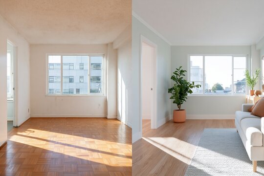Empty apartment interior before and after renovation, showcasing transformation with natural light, wooden flooring, and modern furnishings in a bright, airy space