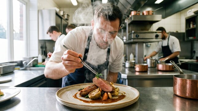 Chef plating gourmet meat dish in professional kitchen