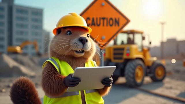 Beaver in hard hat and safety vest holds tablet while standing at construction site with caution sign and heavy machinery in the background during sunset