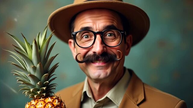 Middle-aged man with glasses and a mustache holds a pineapple, smiling warmly while wearing a tan jacket and a brown hat against a colorful background