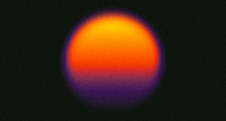 Naklejka na ściany i meble Glowing sunset gradient background with grainy noise effect. Abstract poster or wallpaper feating warm orange and deep purple sphere. Modern futuristic backdrop
