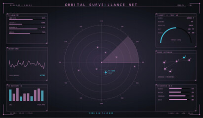Orbital surveillance net hud interface with purple data visualization vector illustration © ZannathAra