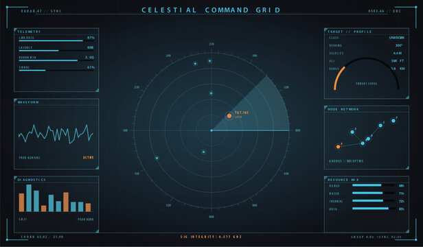 Celestial command grid radar interface for space surveillance vector illustration