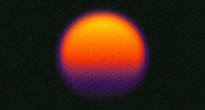 Glowing sunset gradient background with grainy noise effect. Abstract poster or wallpaper feating warm orange and deep purple sphere. Modern futuristic backdrop