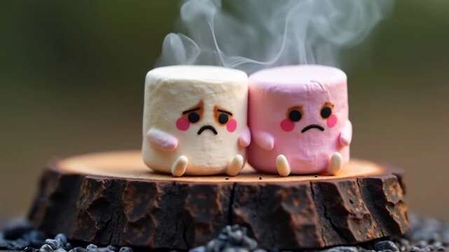 Two sad marshmallows with expressive faces sit on a wooden slice, surrounded by pebbles, with smoke rising in the background, creating a whimsical outdoor scene