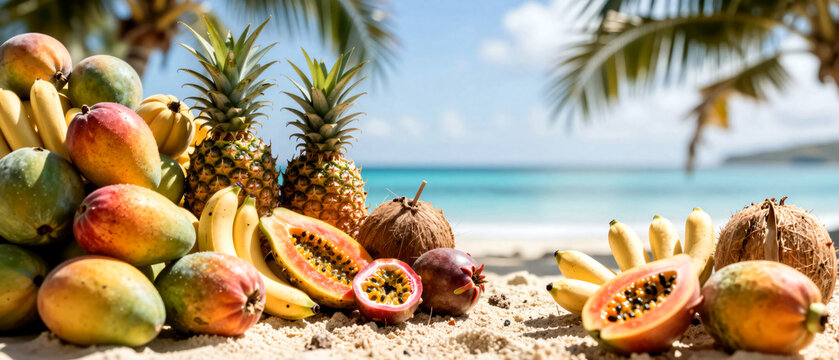Tropischer Fruchthaufen am Strand vor blauem Meer
