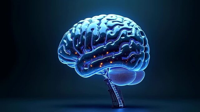Futuristic blue glowing brain with intricate neural patterns and visible circuitry, positioned on a mechanical stand against a dark background