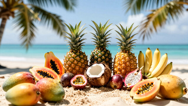 Frische exotische Fr&uuml;chte arrangiert am S&uuml;dseestrand
