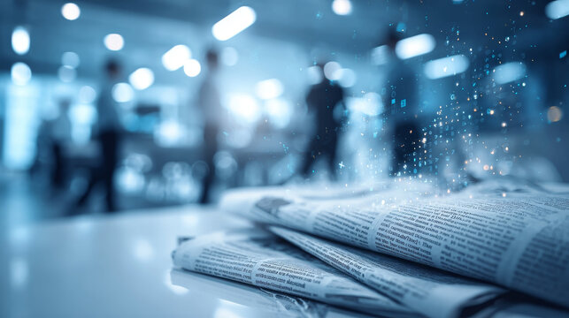 Stack newspapers on modern office desk with blurred business people in background, symbolizing news, communication, information exchange. Digital particles float above papers, representing