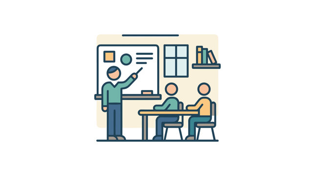 Teacher instructing students in classroom, educator explaining lesson, academic environment.