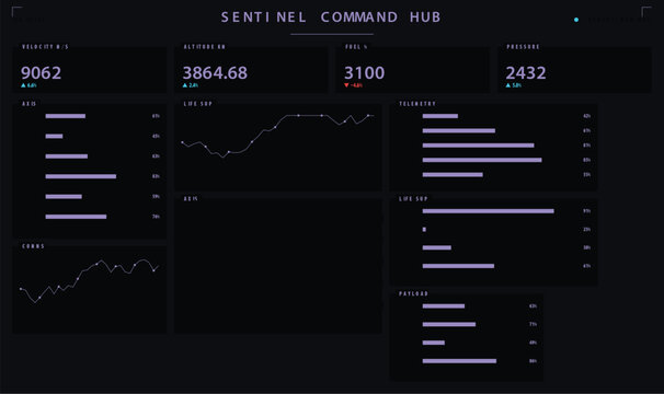 Sentinel command hub interface with purple data visualization charts vector illustration