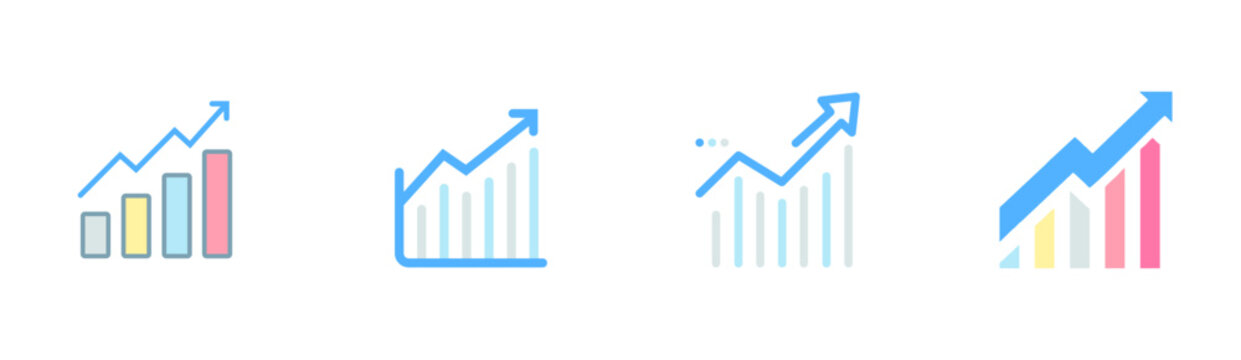 Collection of ascending bar graphs with arrows indicating positive results for business analytics, market performance, and financial reporting.