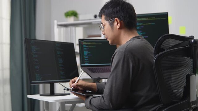 Focused Programmer Working Remotely on Multiple Monitors with Programming Code and Digital Tools