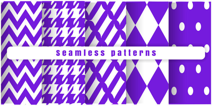 Purple and white geometric seamless patterns background vector bundle.