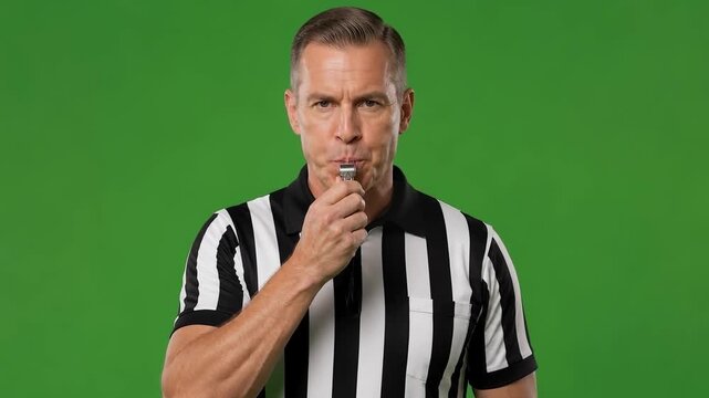 Sports Referee in Black and White Stripes Blowing Whistle, Signaling Game Start or Foul