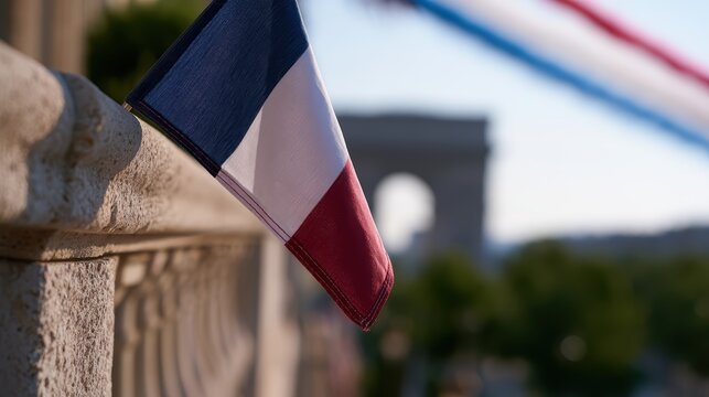 travel photography, an enchanting editorial captures the french national day flyover, showcasing paris with tricolor flags from a balcony as alphajets streak vibrant smoke trails