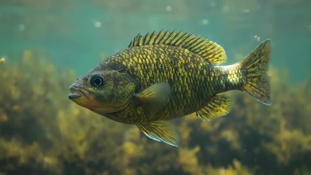 Freshwater green sunfish swimming through shallow water with aquatic vegetation in the background providing a natural habitat setting view