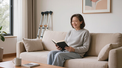 Fototapeta premium Senior woman relaxing at home during recovery reading book
