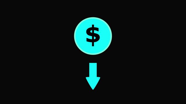 Finance money dollar sign with downward arrow symbolizing loss or decrease in currency value on black background.