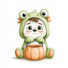 Cute Sad Animal in Frog Costume Watercolor Illustration for Halloween and Emotional Mood Designs
