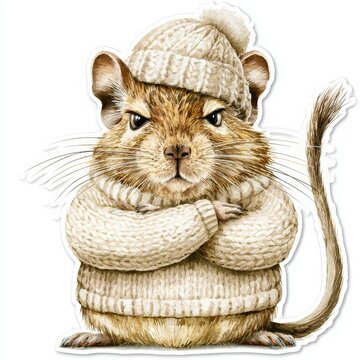 Cute Cozy Degu in Knitted Hat Watercolor Illustration for Winter Self Care and Introvert Mood