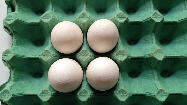 Top down studio view of four smooth white raw chicken eggs resting in grid cells of a green recycled paper pulp storage carton over a clean solid white background.