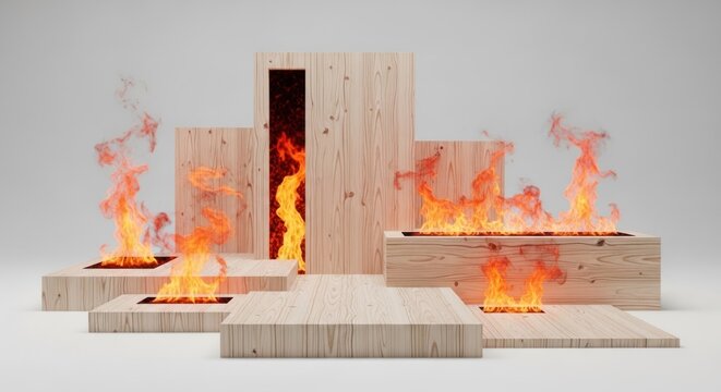 Wooden platforms are arranged in a tiered composition with flames emanating from recessed openings.