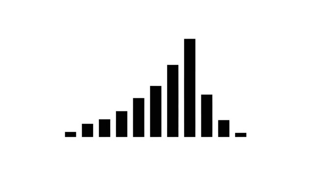 A black and white graphic representing a histogram or bar chart with bars increasing in height and then decreasing, symbolizing data distribution or growth.