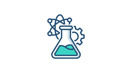 Science concept icon showing chemical flask with atomic orbit structure and industrial gear. © MSTSAFIYA