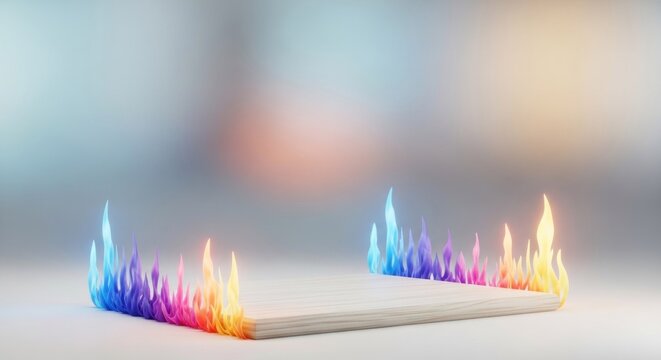 Wooden pedestal is surrounded by vibrant multicolored flames on a light background.