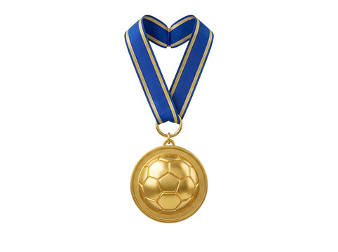 Gold soccer medal with blue and gold ribbon isolated on transparent background