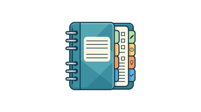 Teal notebook with tabs and pages showing notes and checkboxes.