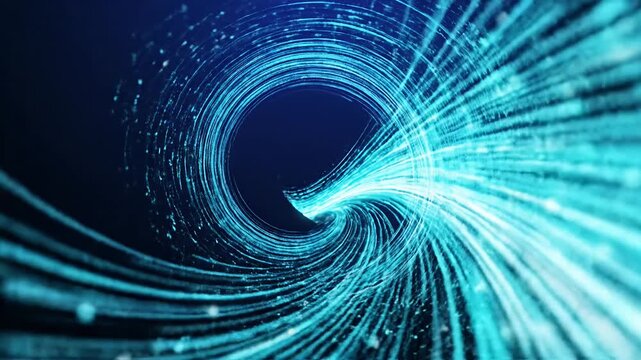 Blue spiraling light particles forming a cosmic energy vortex.