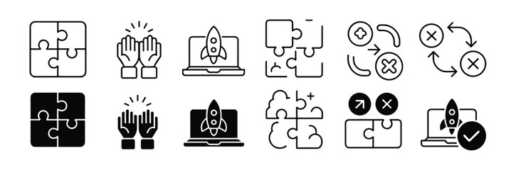 Obraz premium Startup Icon Set. A collection of minimalist icons representing key aspects of a startup's journey, including puzzles, high-fives, and rocket ship launch on a laptop.