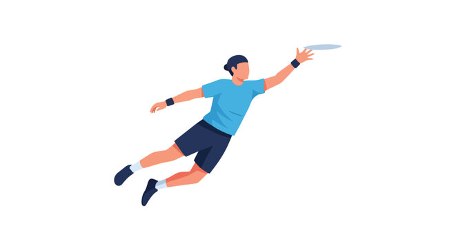 Athletic man jumping and reaching to catch a flying disc ultimate frisbee sports illustration isolated on white