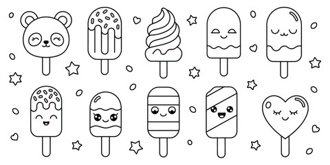 Kawaii Ice Cream and Panda Pops Coloring Page Featuring Adorable Black and White Seamless Pattern for Kids Line Art Illustration © Melissa J. Abrams