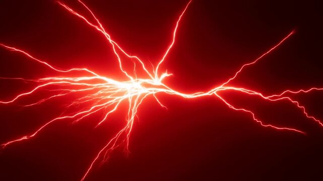 Static shot of red electric lightning energy branching and expanding from center across dark background with glowing neon filaments and intensifying arc
