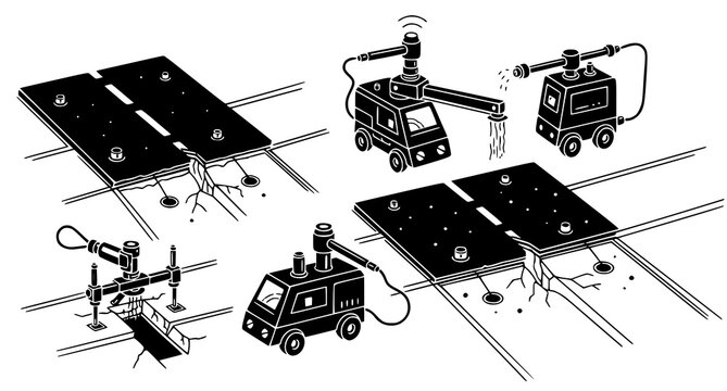 Industrial road repair and maintenance machinery icons showing automated asphalt patching and crack sealing equipment for civil engineering and construction infrastructure