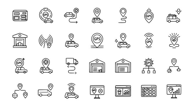 GPS fleet tracking and vehicle location management system icons showing route mapping logistics software and smart transport navigation interface technology vector