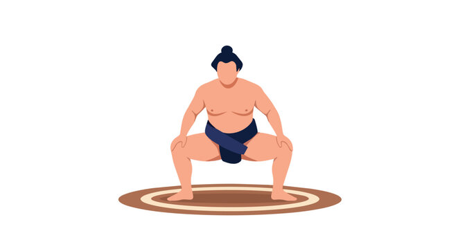 Strong Sumo Wrestler in Traditional Squatting Stance on Dohyo Ring Illustration