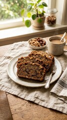 Fototapeta premium Date walnut loaf slices background for food blog banner and recipe card plated breakfast scene with coffee and nuts by a sunny window
