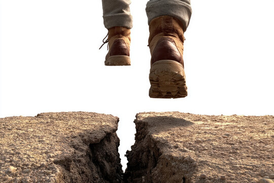 Person jumping over a gap in cracked ground. Space for text.