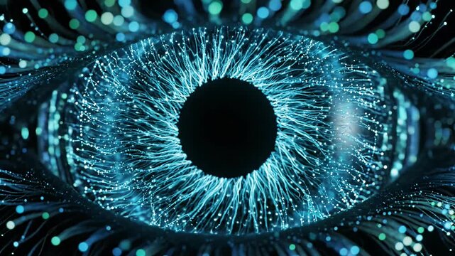 Digital eye made of glowing blue fiber optic particles.