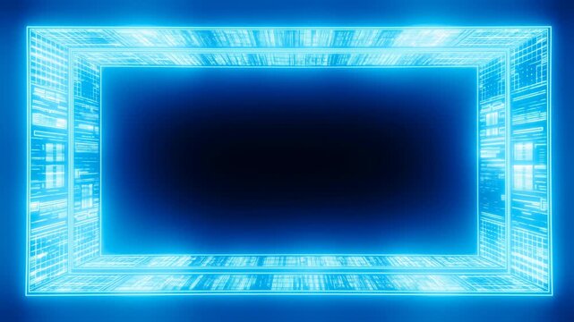 Panning tracking shot of glowing neon digital rectangular frame sliding across virtual tunnel interior with dark central void
