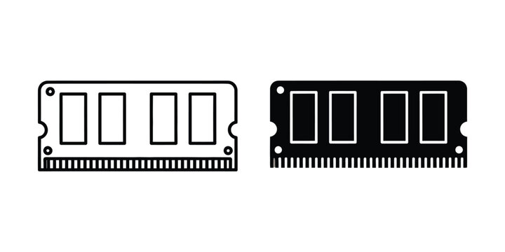 Computer RAM module in outline and solid silhouette on white background for digital technology concepts