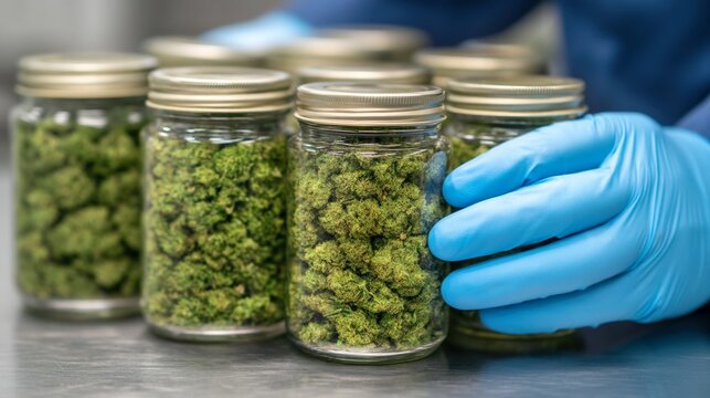 Jars filled with green cannabis buds are lined up on a table, with a gloved hand reaching for one jar.