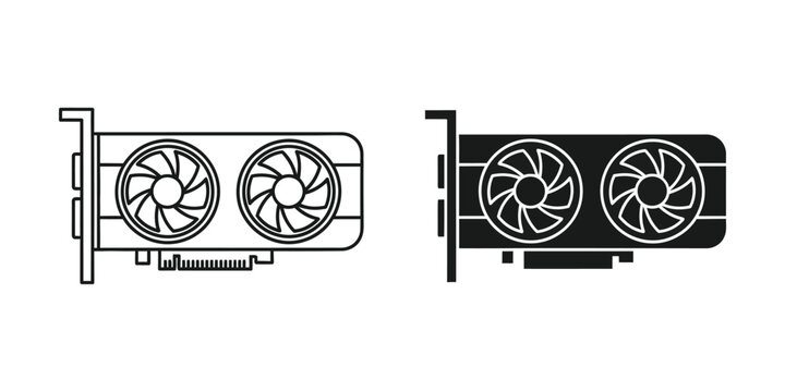 Dual fan graphics card outline and solid fill isolated on white background for technology concept