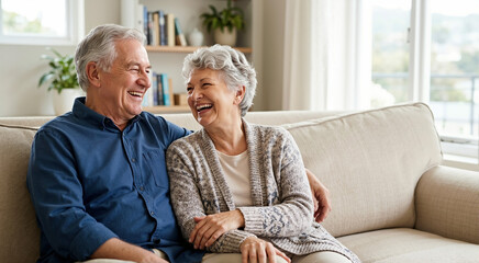 Naklejka na ściany i meble Happy elderly couple laughing together on a sofa. Smiling senior husband and wife relaxing in a bright living room. Retirement lifestyle and companionship concept