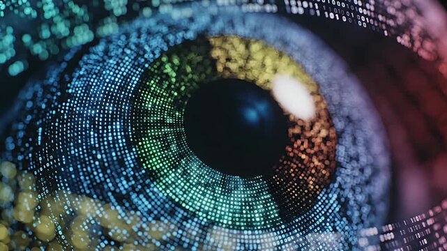Digital eye made of glowing binary code and data particles.