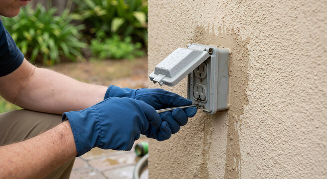 Man with blue gloves examining damaged outdoor socket after rain on stucco wall. Electrician performing maintenance on damaged outdoor socket,